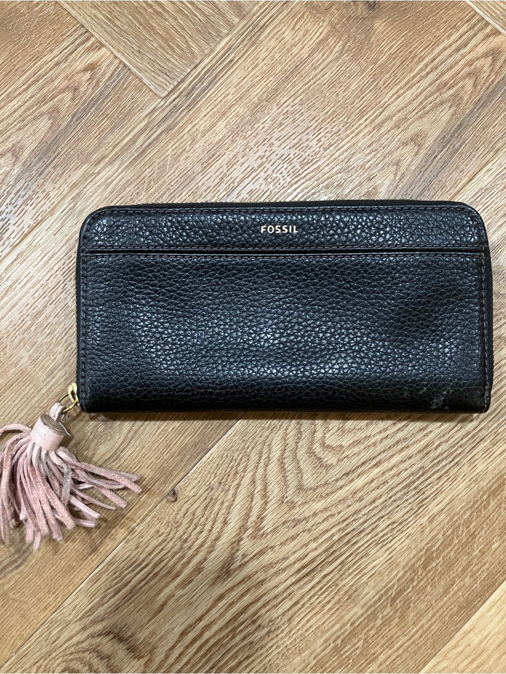 Fossil Black Leather Wristlet with Pink Tassel Accent